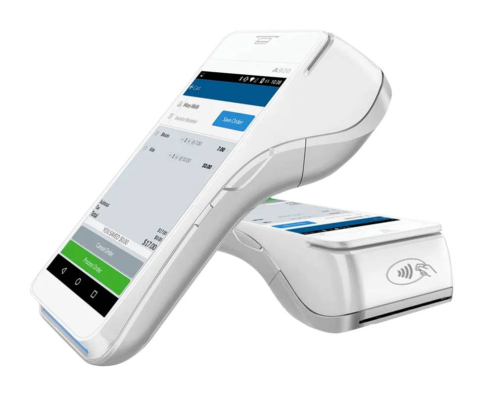 A credit card payment terminal, paired with a smartphone, showcasing the modern integration of technology for seamless transactions